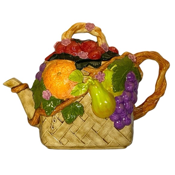 Vintage Large Hand Crafted Teapot Fruit Lattice Basket Artisanal Ceramic 1994 - Picture 4 of 15